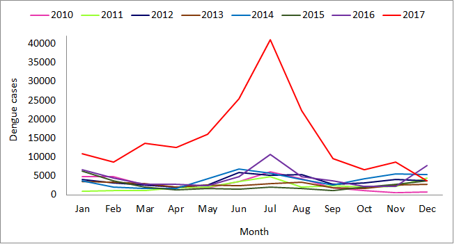 Dengue cases on a monthly basis from 2010 to 2017